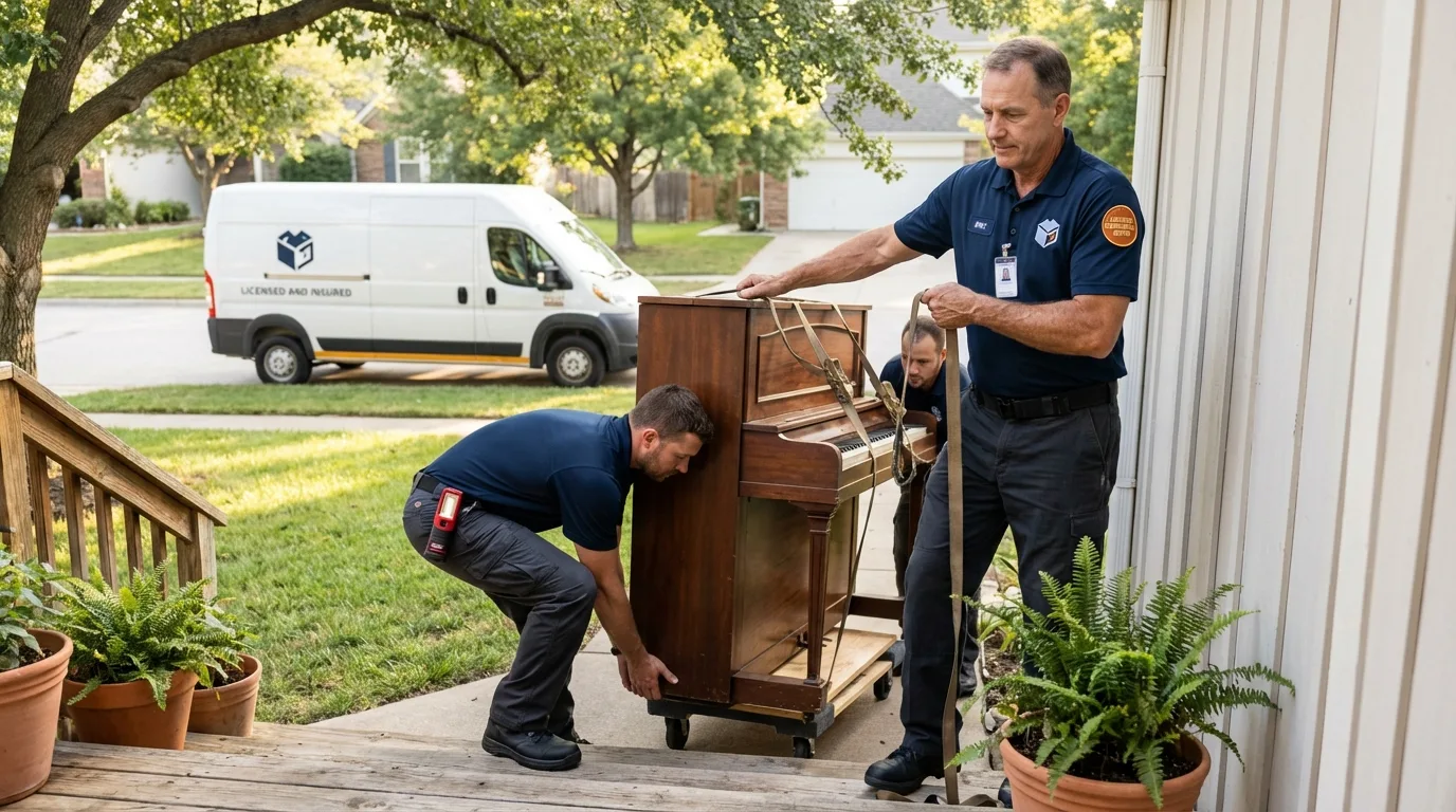 Licensed piano movers securing grand piano in Fremont, NH