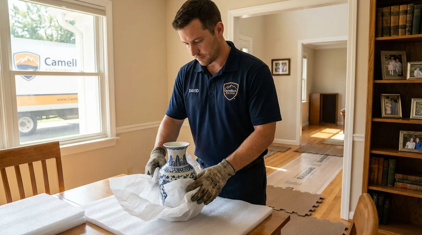 Professional crew carefully wrapping antique vase for senior downsizing move in Fremont, NH
